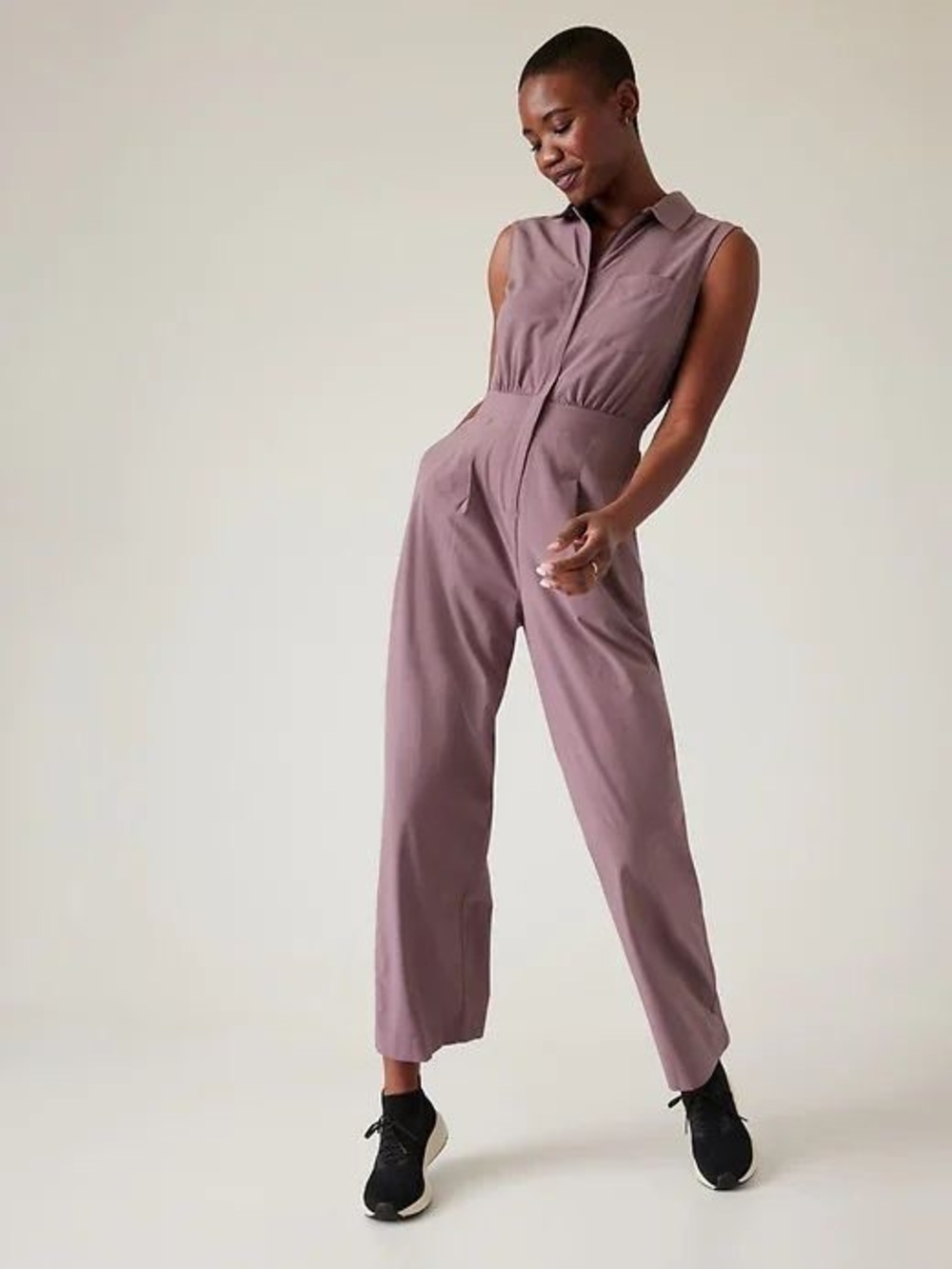 Athleta Brooklyn Heights Wide Leg Jumpsuit Mauve-Pink Collared Utility Jumpsuit